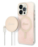 Etui do iPhone 14 Pro Guess 4G Gold Pink Magsafe + ładowarka - różowe